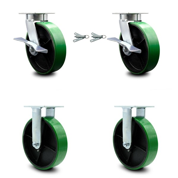 8 Inch Kingpinless Green Poly on Steel Wheel Caster Swivel Locks 2 Rigid, 2PK